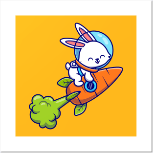 Cute Rabbit Astronaut Flying With Carrot Rocket Posters and Art